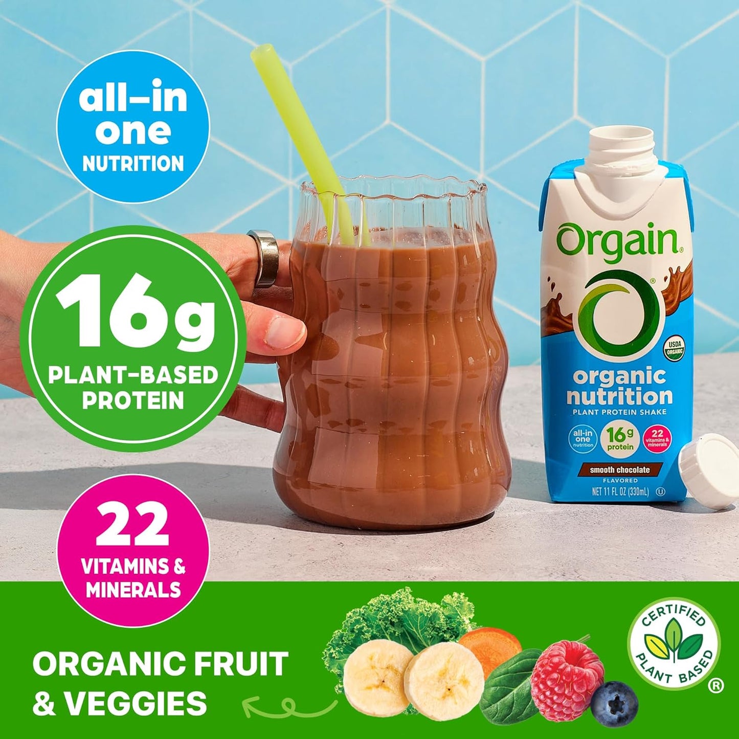 Orgain Organic Vegan Protein Shake – Smooth Chocolate, 16g Plant Protein – 11 fl oz (Pack of 12)