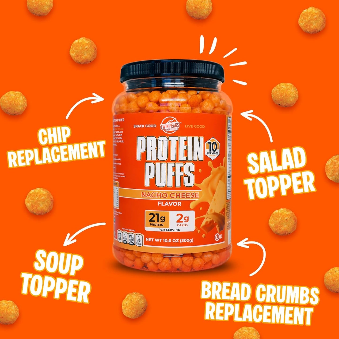 Nacho Cheese Protein Puffs – Keto Friendly, Low Carb Crunchy Snack – 21g Protein, 2g Net Carbs (300g)