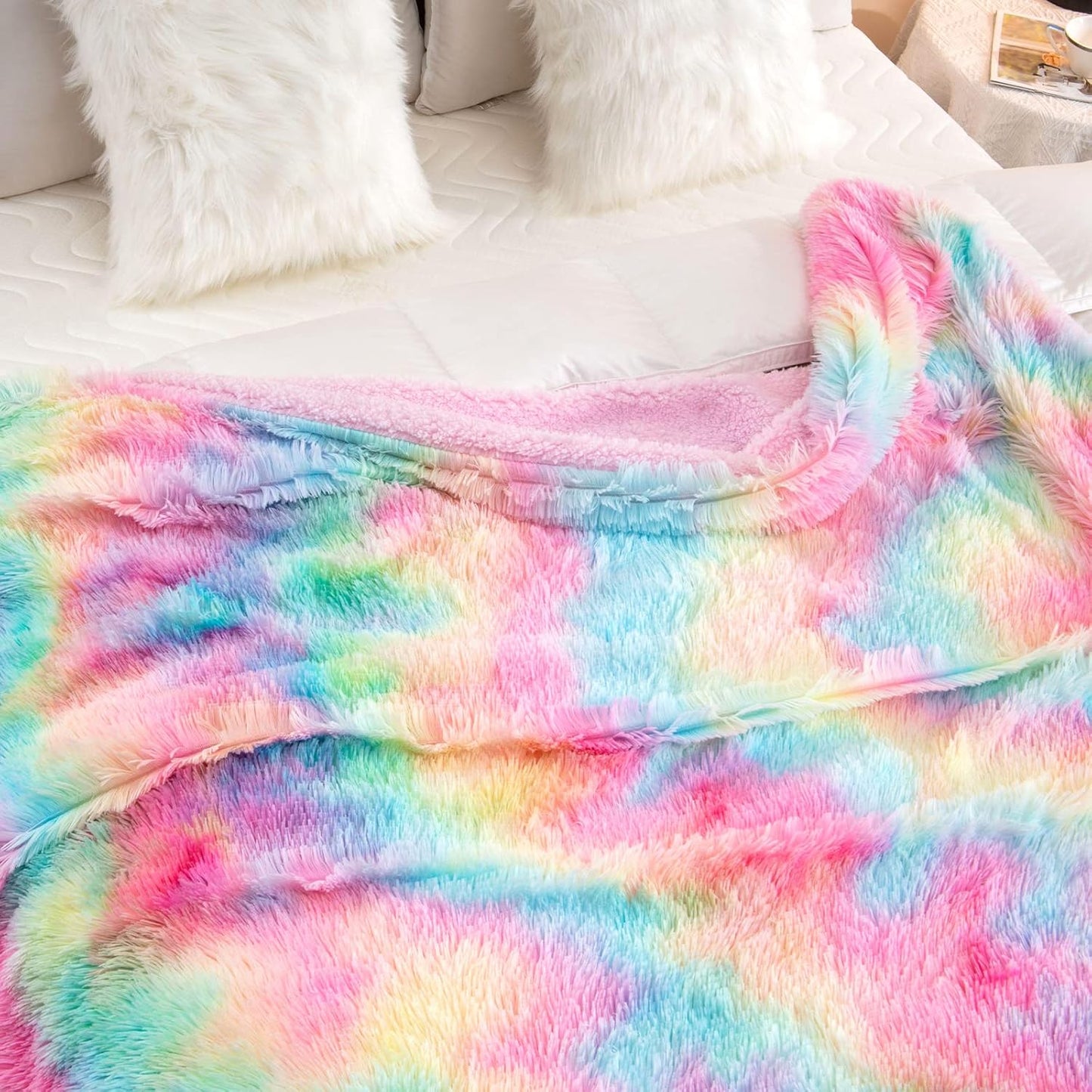 Fuzzy Faux Fur Rainbow Throw Blanket – Super Soft Plush Sherpa (59" x 79")