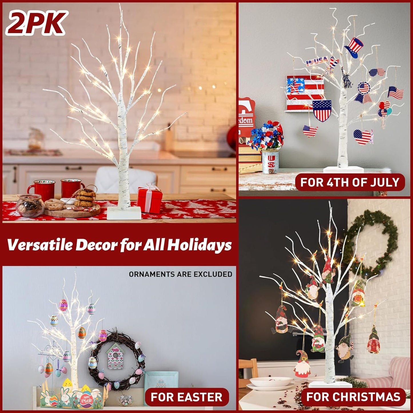 2-Pack 2FT LED Birch Trees with Timer for Indoor Christmas Decor