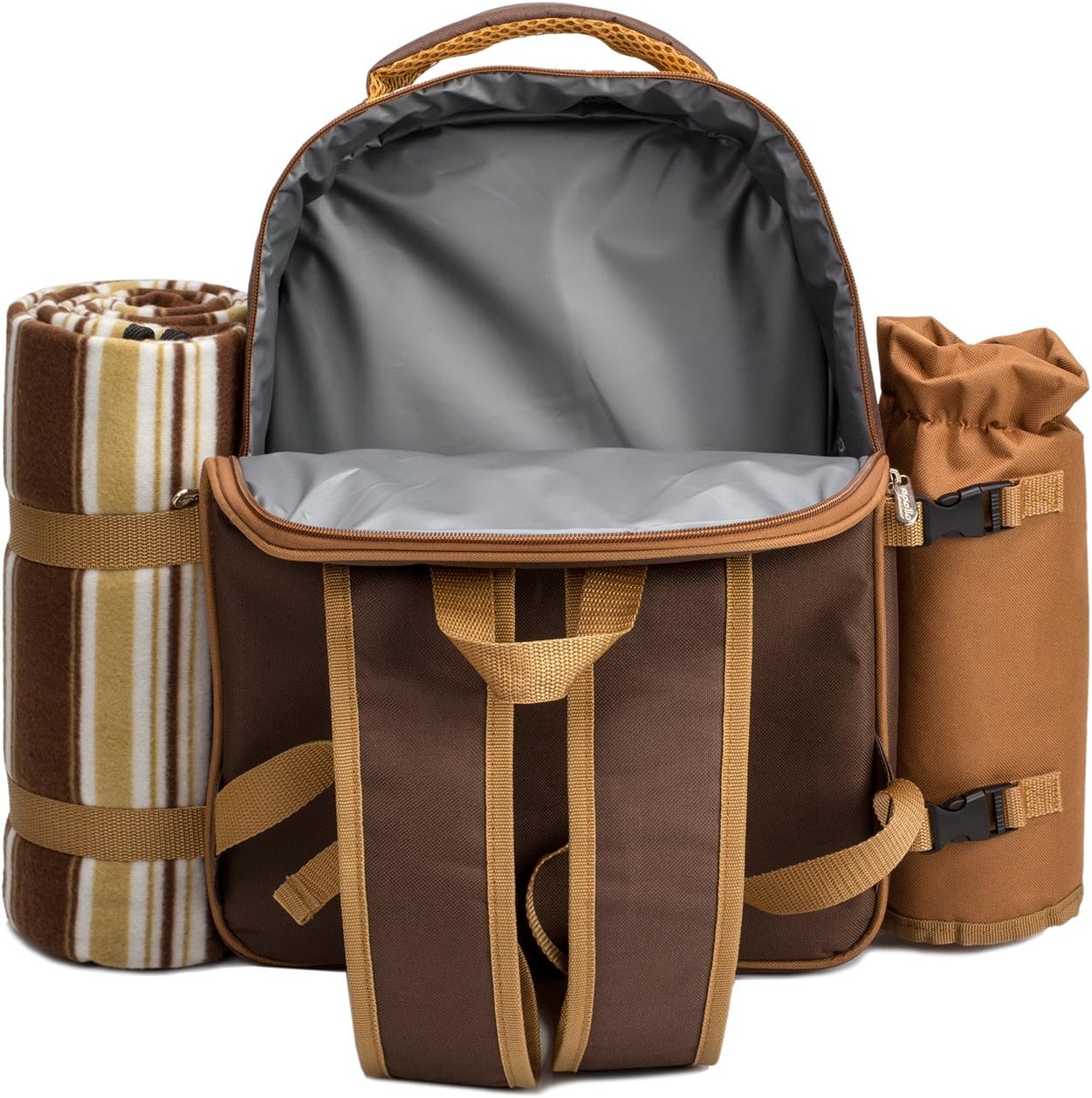 Picnic Backpack for 4 – Includes Cooler Compartment, Wine Bag & 45"x53" Blanket (Brown)