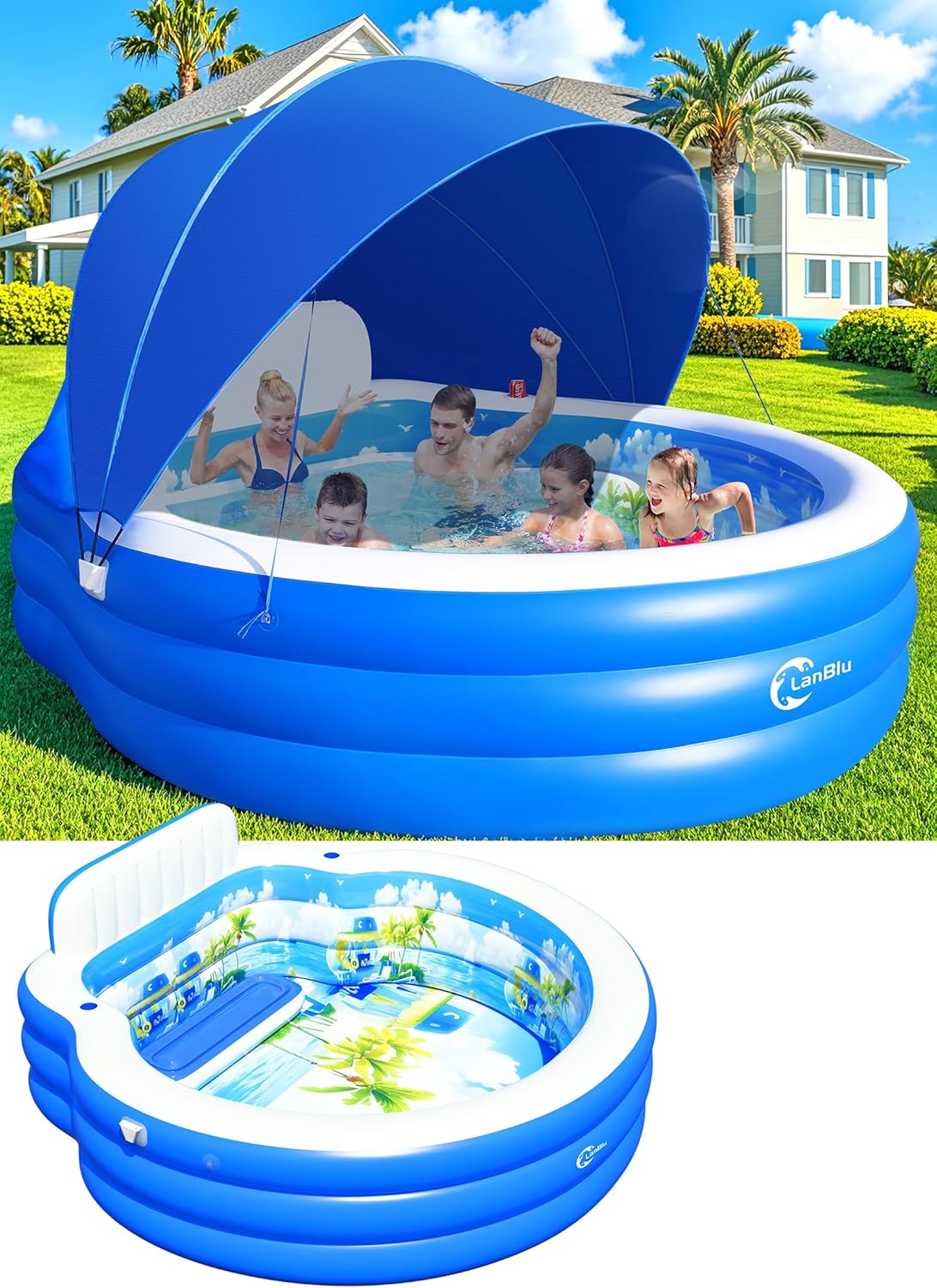 2026 Extra Large Inflatable Family Pool with Canopy – Round Backyard Lounge Pool with Bench & Backrest for Kids & Adults – 90" x 90" x 80"