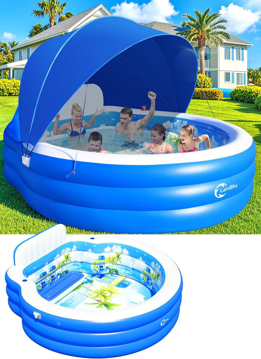 2026 Extra Large Inflatable Family Pool with Canopy – Round Backyard Lounge Pool with Bench & Backrest for Kids & Adults – 90" x 90" x 80"