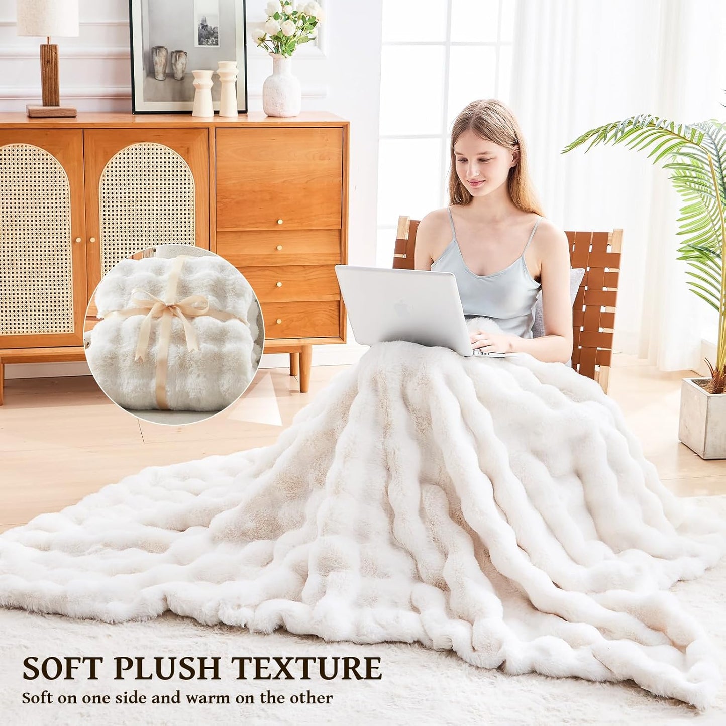 Faux Fur Throw Blanket – 1000 GSM Plush Bubble Sherpa (Ivory White, 50x60)