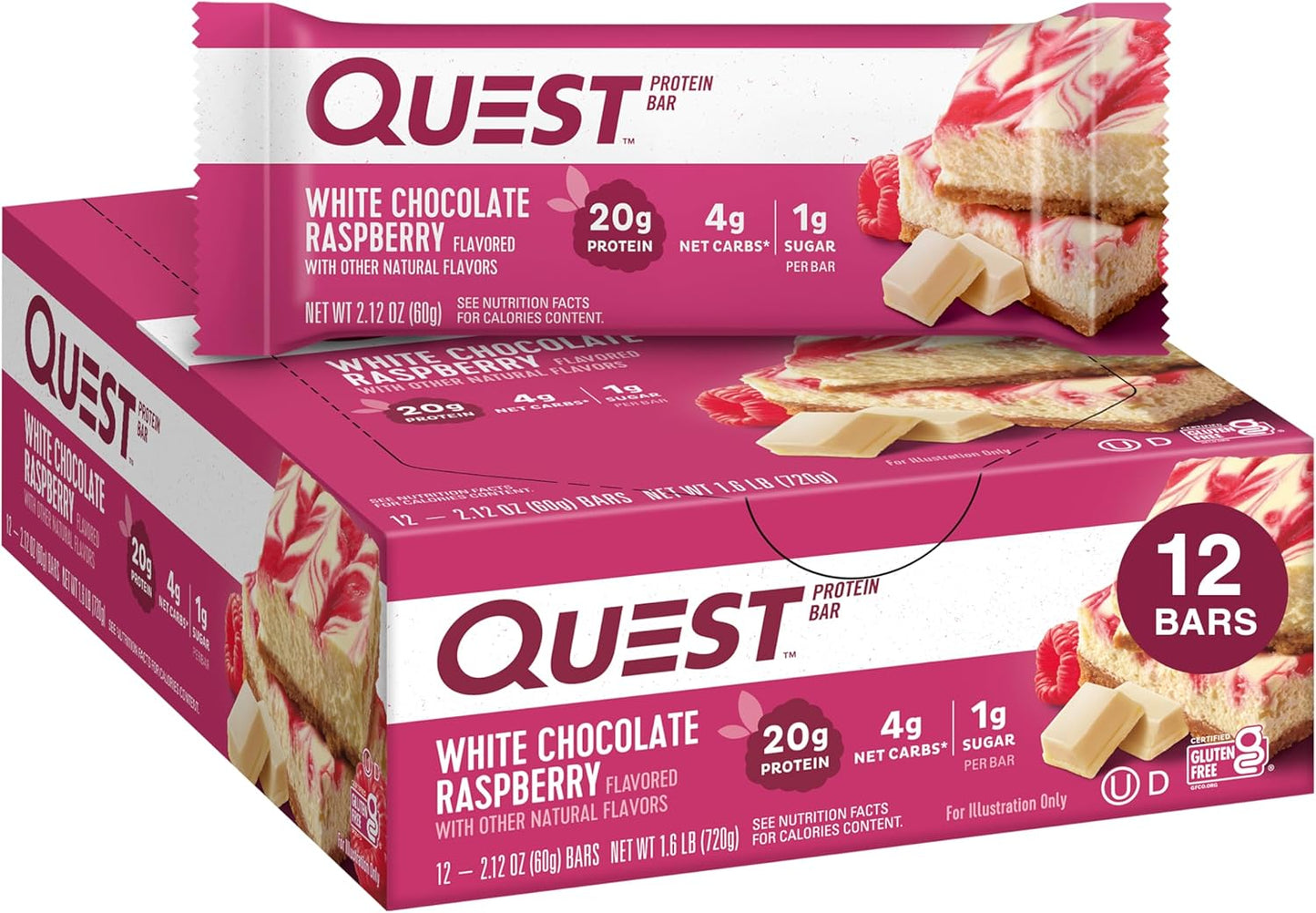 12-Count Quest Nutrition White Chocolate Raspberry – High Protein, Low Carb, Gluten-Free & Keto-Friendly