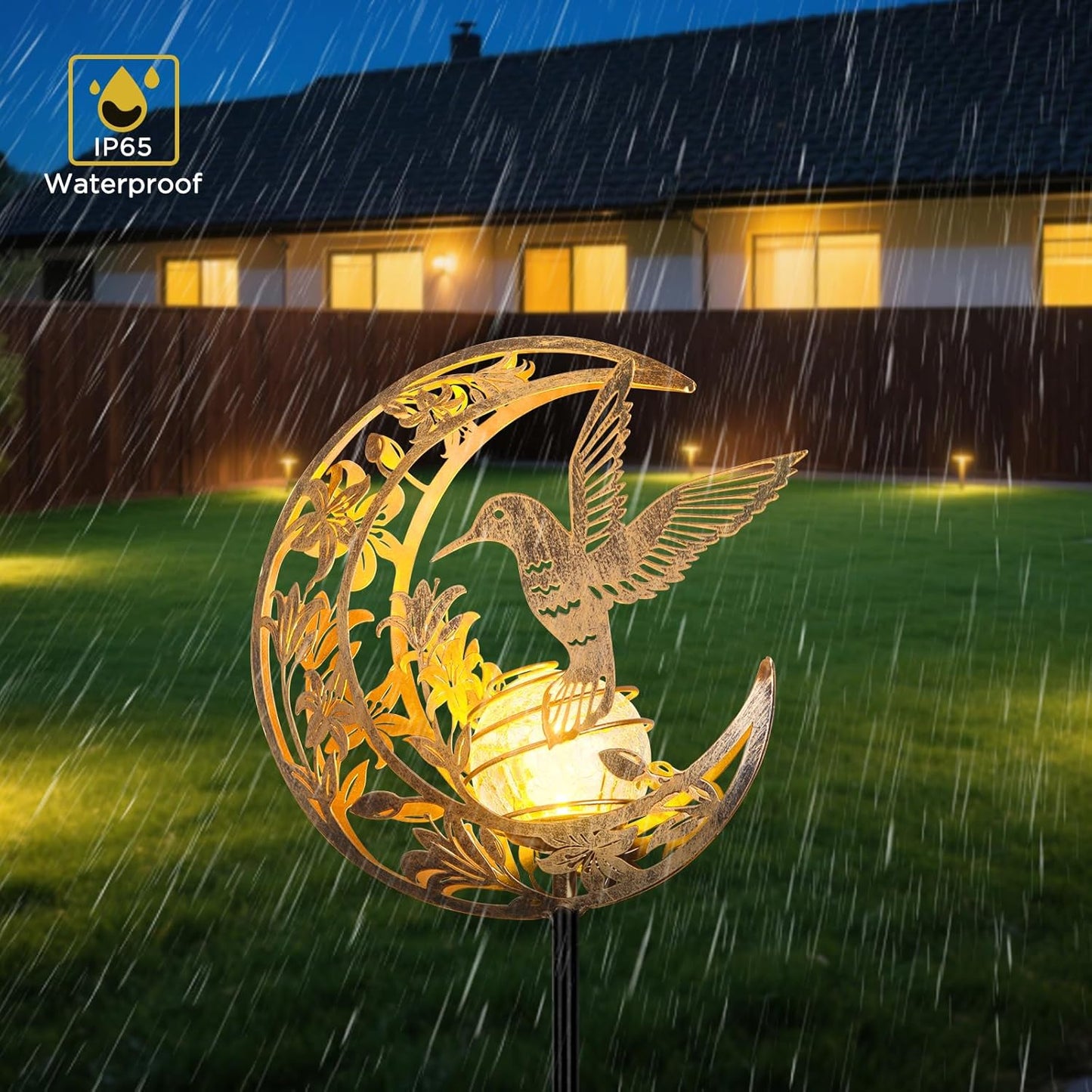 Solar Hummingbird Stake Light – Moon & Bird Metal Outdoor Decor, Waterproof Auto On/Off Pathway Light for Yard, Lawn, Patio & Garden