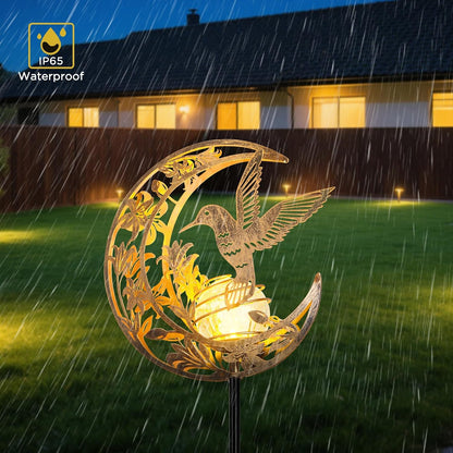 Solar Hummingbird Stake Light – Moon & Bird Metal Outdoor Decor, Waterproof Auto On/Off Pathway Light for Yard, Lawn, Patio & Garden
