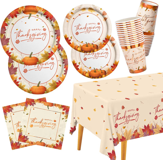 Thanksgiving Tableware Set for 25 – Maple Leaf Paper Plates, Napkins, Cups & Plastic Tablecloth for Fall Dinner Parties