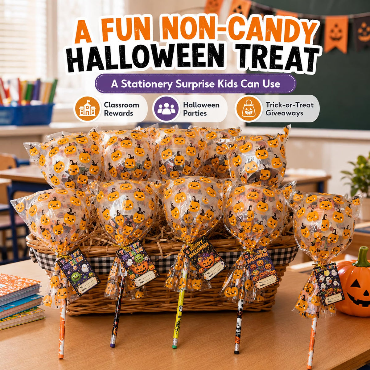 26-Pack Halloween Party Favors for Kids – Lollipop-Shaped Stationery Gift Set with Pencils, Erasers, Tattoos, Bracelets & Cards