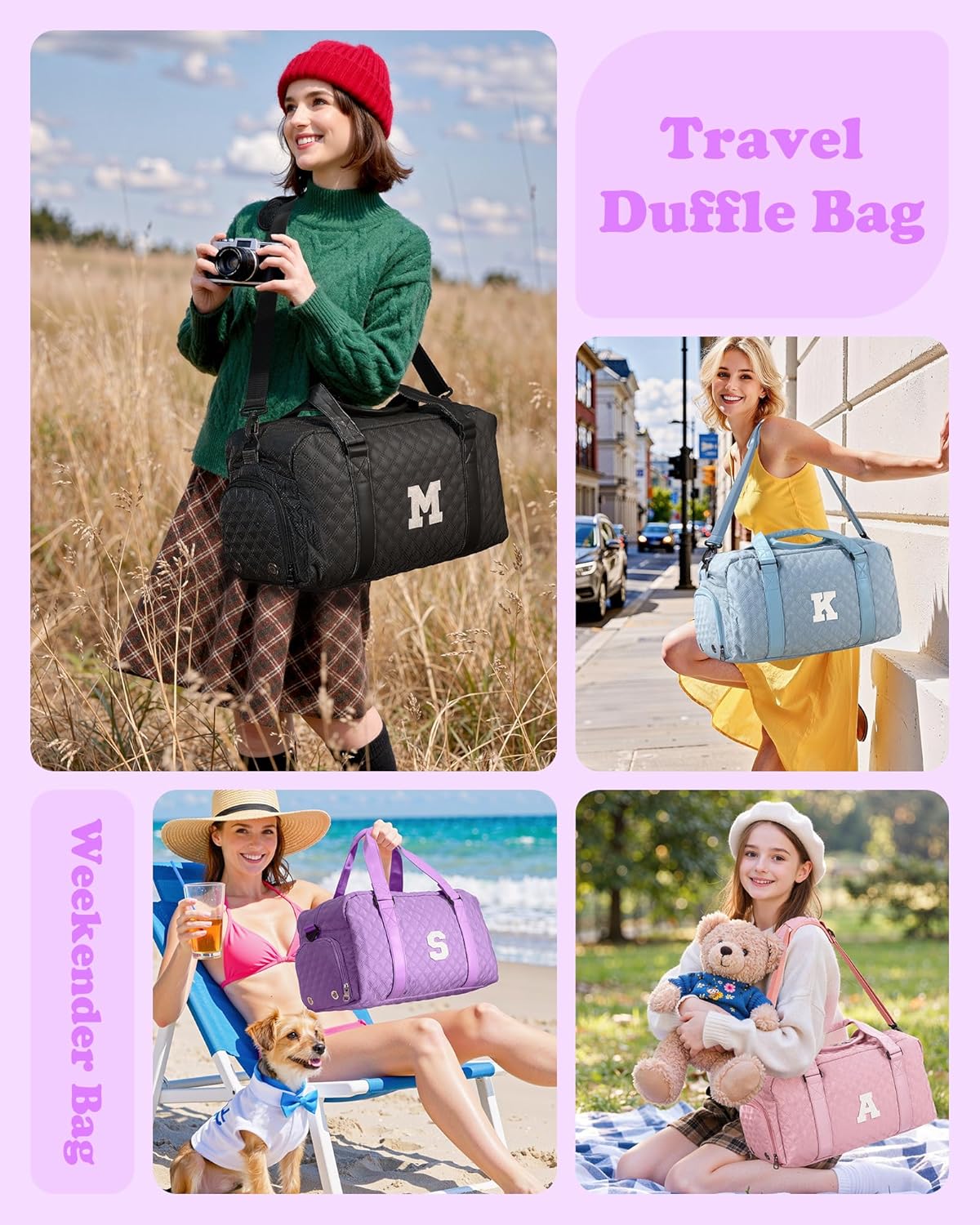 Initial Weekender Duffle Bag – Personalized Travel & Gym Bag (Purple, Letter A)