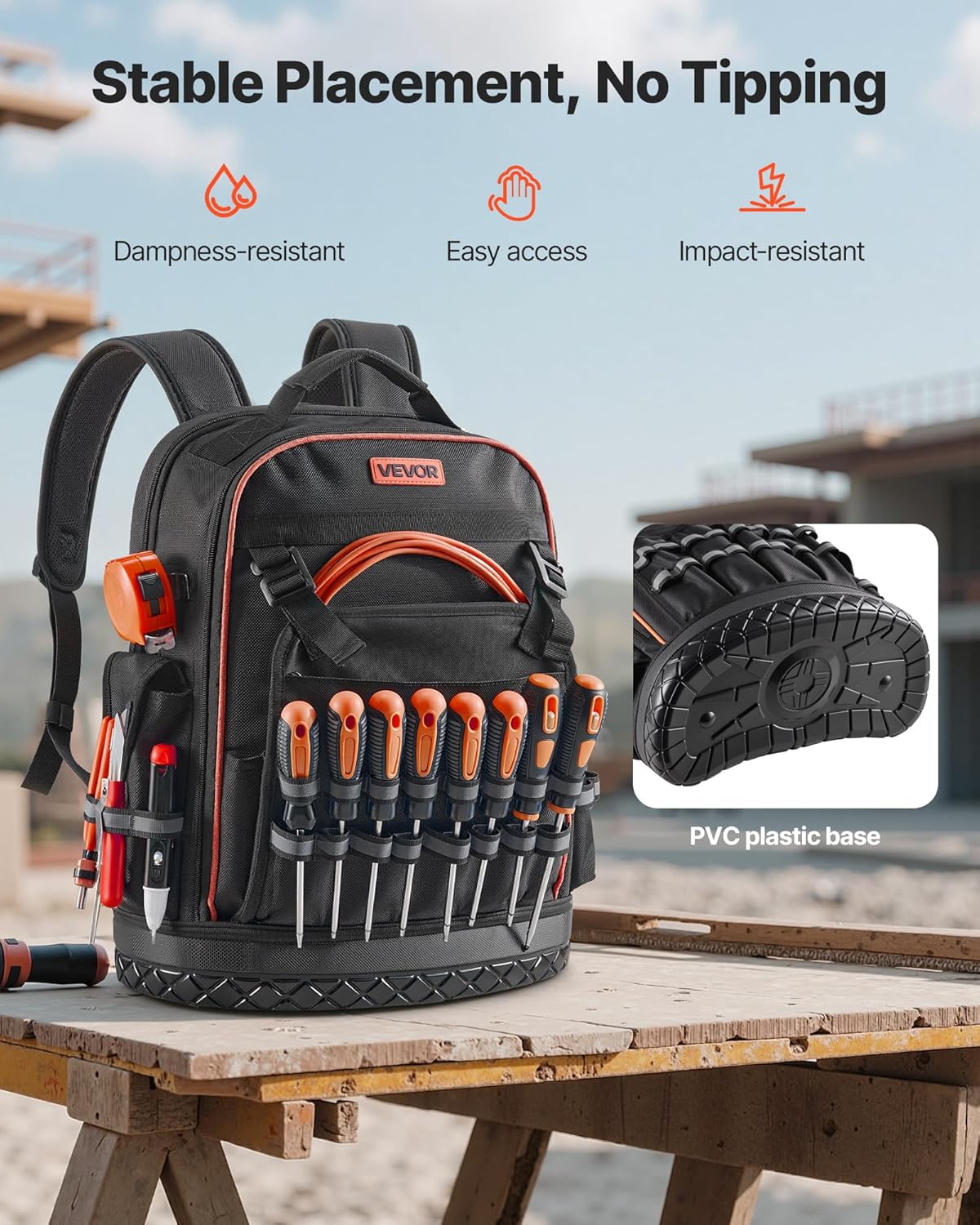 64 Pocket Heavy-Duty Tool Backpack – Jobsite Organizer Bag with Laptop Compartment & Molded Base for Electricians & HVAC Techs