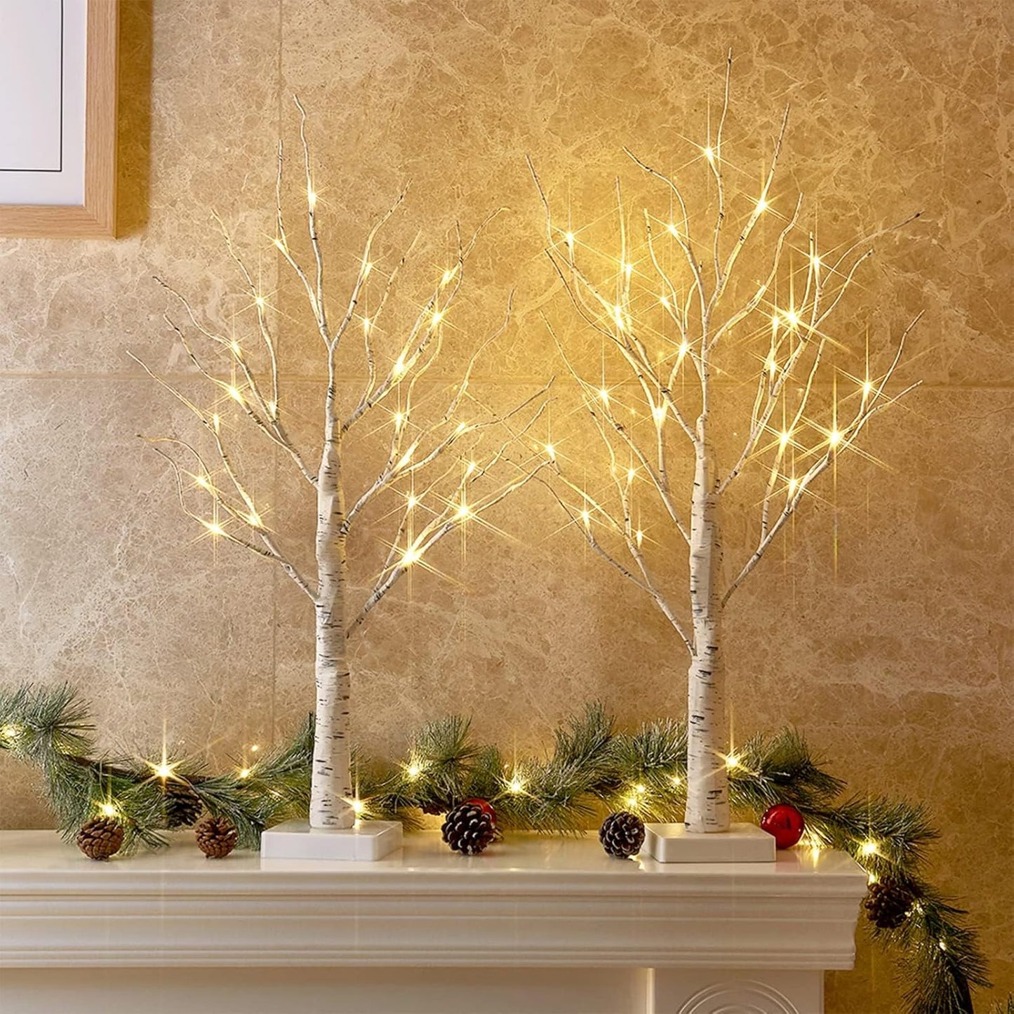 2-Pack 2FT LED Birch Trees with Timer for Indoor Christmas Decor