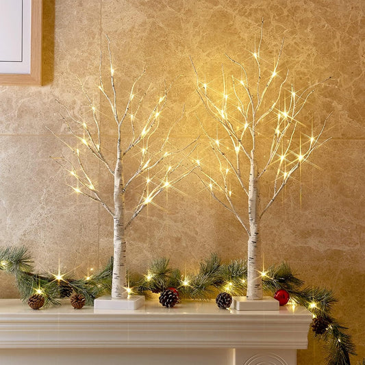 2-Pack 2FT LED Birch Trees with Timer for Indoor Christmas Decor