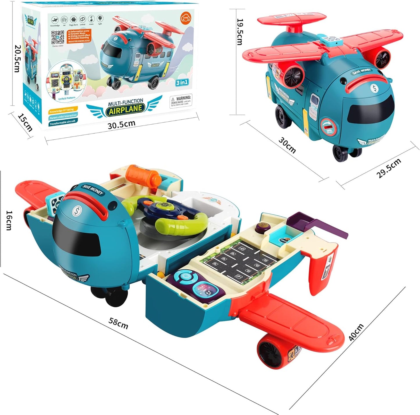 Airplane Car Toy with Steering Wheel – Sound & Light Educational Driving Toy for Kids (Ages 3+, Blue)