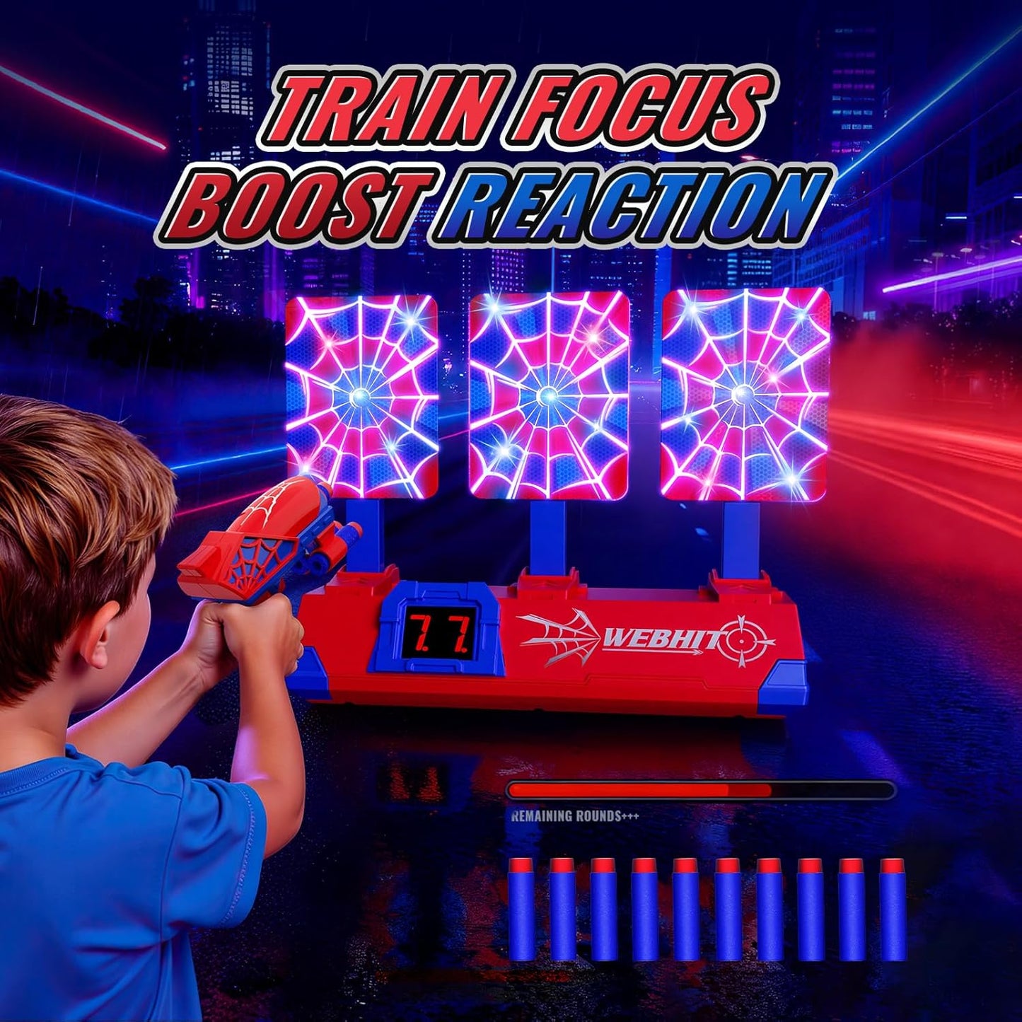Shooting Toy Set for Boys Ages 3-12 – Hero Style with Glowing Web, Sounds, LCD Scoring, and 3 Auto Reset Targets | Perfect for Indoor/Outdoor Family Games and Gifts!