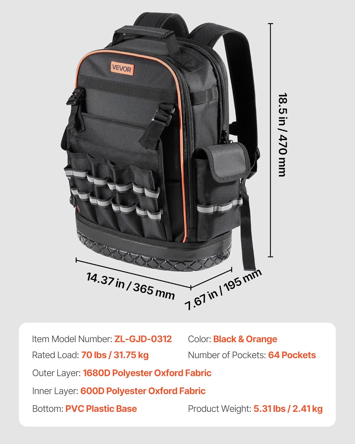 64 Pocket Heavy-Duty Tool Backpack – Jobsite Organizer Bag with Laptop Compartment & Molded Base for Electricians & HVAC Techs