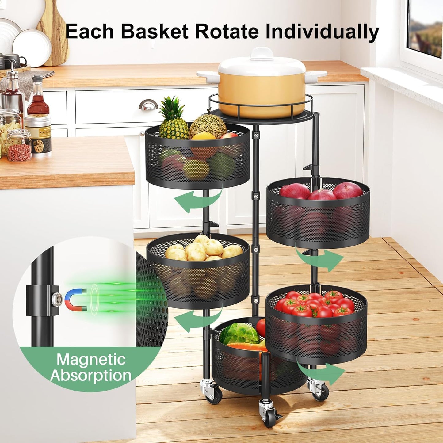 5-Tier Rotating Fruit & Vegetable Basket – Rolling Kitchen Storage Rack with Wheels & Lid – Black