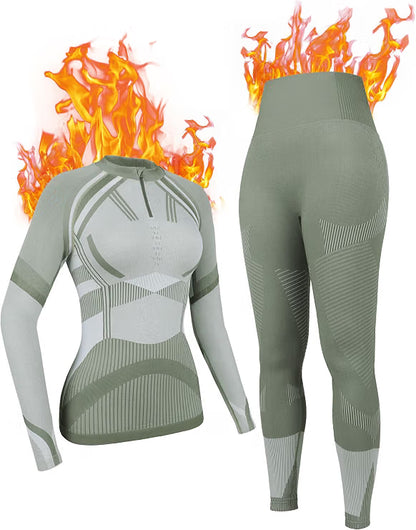 Women’s Thermal Underwear Set – Winter Long Johns Base Layer, White & Green, Size Medium