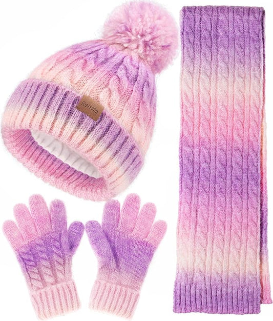 Kids Winter Hat, Scarf & Mittens Set – Fleece-Lined Knit (Ages 9–15, Candy Colors)