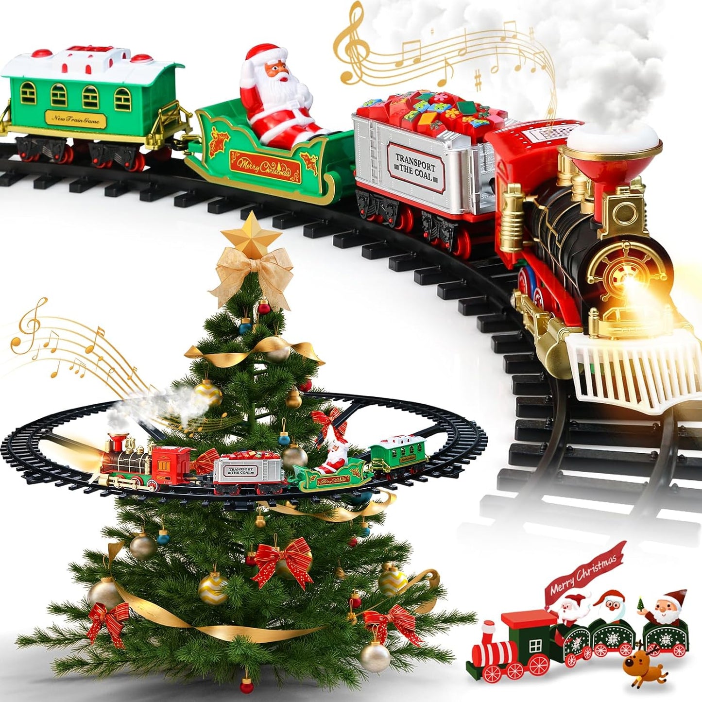 Holiday Train Set for Christmas - Hanging Toys with Smoke, Whistle (On/Off), and Lights for Tree Decoration