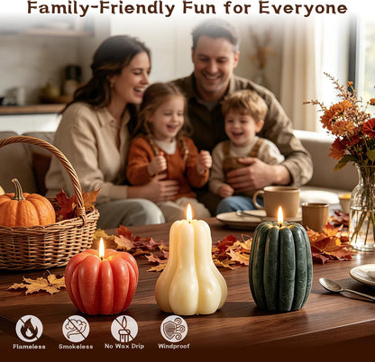 3-Piece Fall Pumpkin Flameless Candle Set – Real Wax LED Flickering Candles with Remote for Thanksgiving & Halloween Décor
