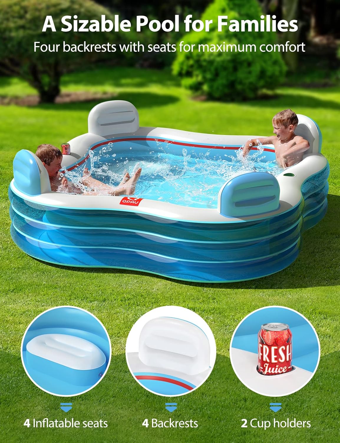 Full-Sized Inflatable Swimming Pool – Blow Up Family Pool with Seats & Backrests for Backyard Summer Fun – Clear Blue