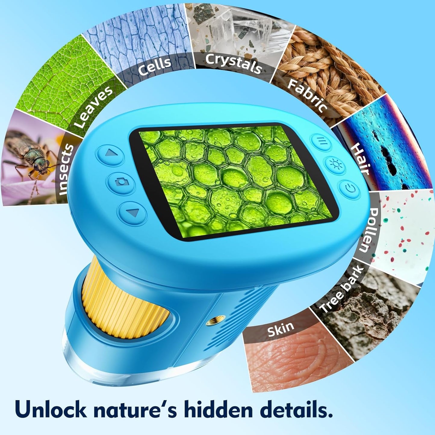 1000X Kids Handheld Digital Microscope – 4K 2.4" Screen with 12 Slides (Blue)