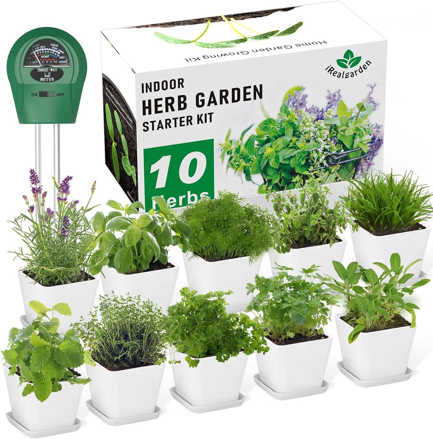 Indoor Herb Garden Kit – 10 Non-GMO Seeds with Pots, Soil & Moisture Meter