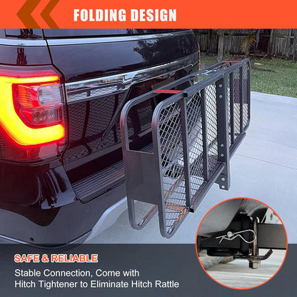 Folding Hitch Mount Cargo Carrier – 60" x 20" x 6" Basket with 16 Cu. Ft. Waterproof Bag, Cargo Net, Straps & Hitch Tightener, 500 lb Capacity