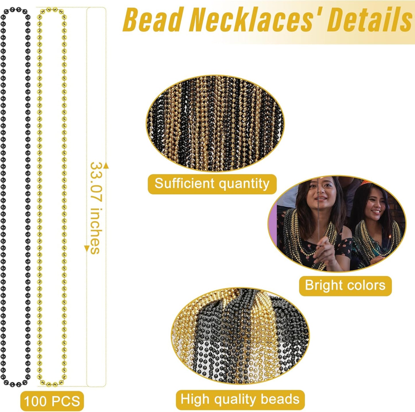 100 PCS Gold and Black Bead Necklaces - 33" New Year Party Favors and Costume Accessories
