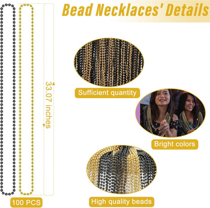 100 PCS Gold and Black Bead Necklaces - 33" New Year Party Favors and Costume Accessories