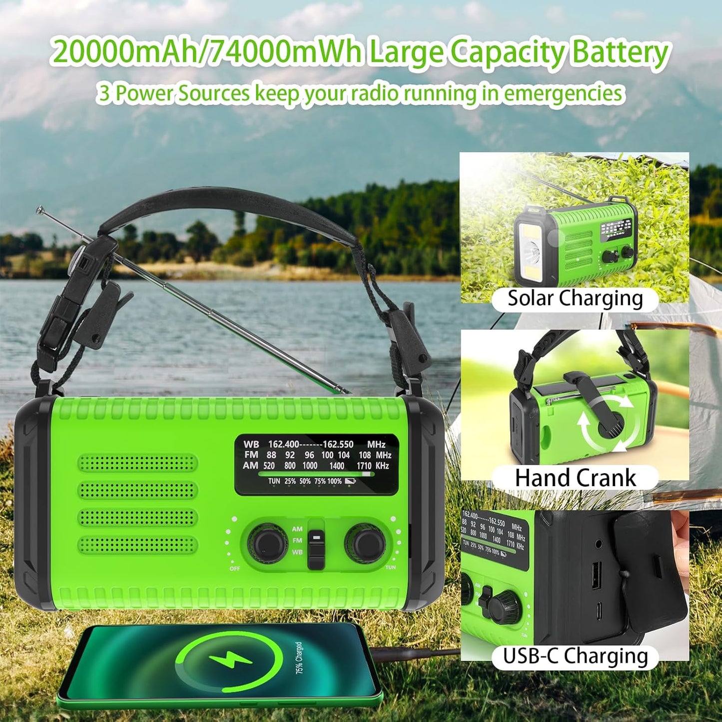 74,000mWh Emergency Radio – NOAA Weather, Hand Crank & Solar, USB-C, Flashlight & SOS