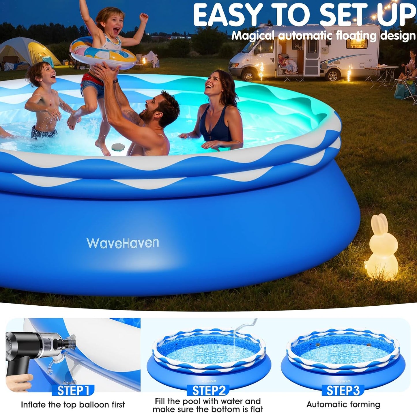 8ft x 30in Easy Set Above Ground Pool – Inflatable Round Swimming Pool with Pool Lights & Quick-Set Top Ring Design