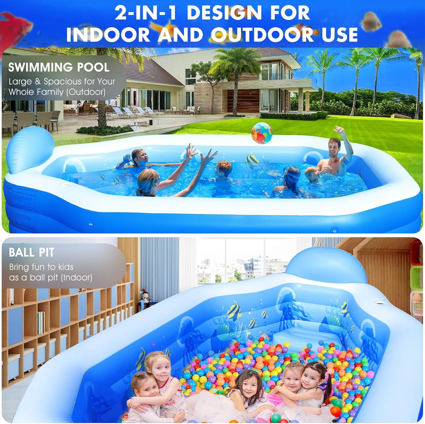 Large Inflatable Pool with Canopy, Seats, and Backrest for Kids and Adults