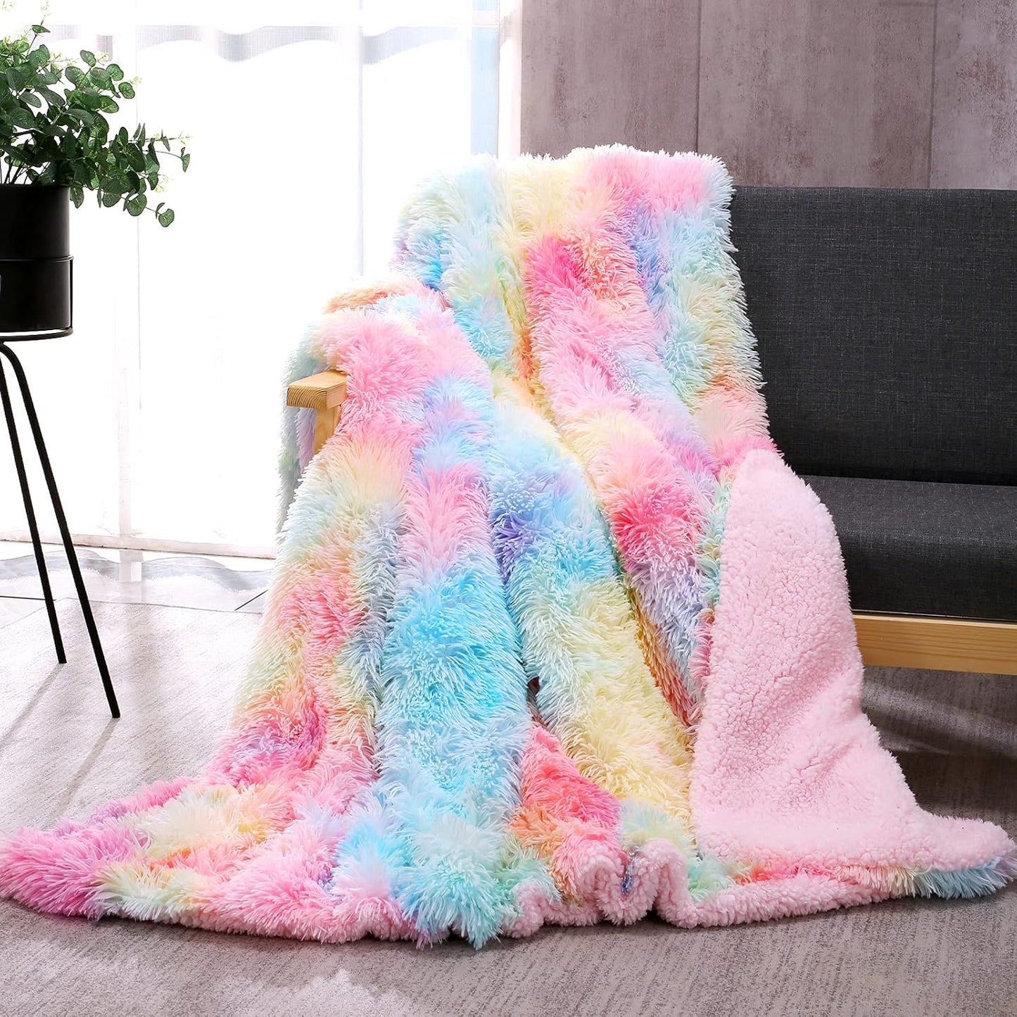 Fuzzy Faux Fur Rainbow Throw Blanket – Super Soft Plush Sherpa (59" x 79")
