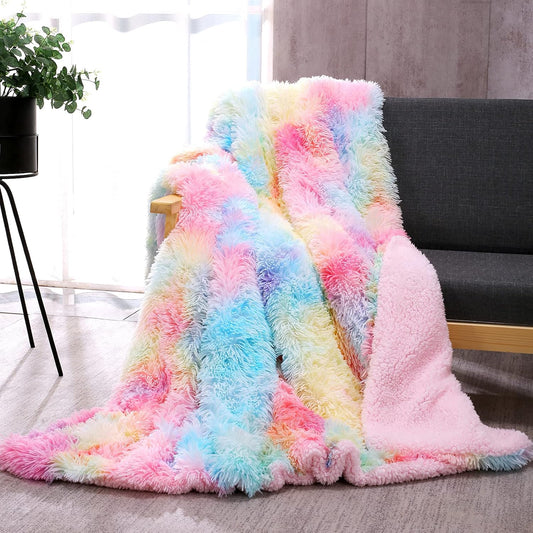 Fuzzy Faux Fur Rainbow Throw Blanket – Super Soft Plush Sherpa (59" x 79")