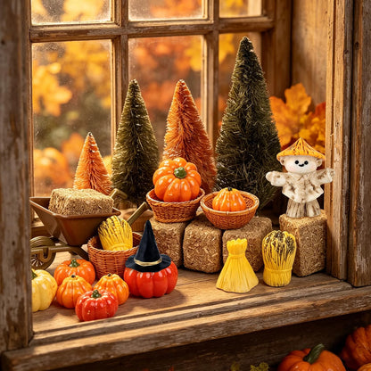 33-Piece Mini Fall Resin Figurine Set – Pumpkins, Scarecrow, Trees & Farm Miniatures for Thanksgiving Harvest Table Décor