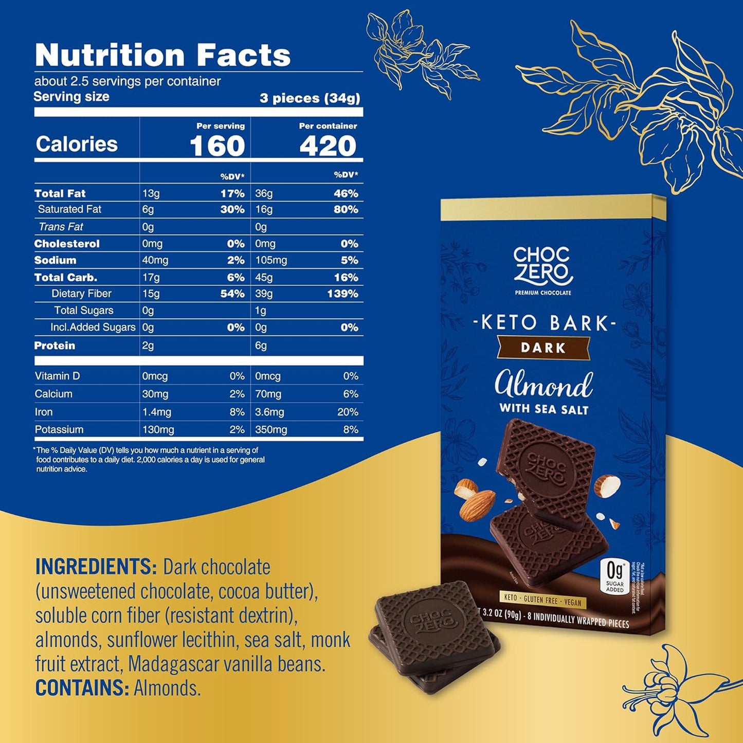 Sugar-Free Dark Chocolate Almond Keto Bark with Sea Salt – Vegan, Low Carb, High Fiber, No Sugar Alcohols, 3.2 oz Bars (4 Pack)