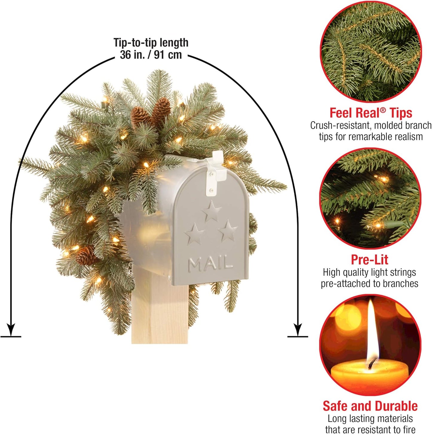 36-Inch 'Feel Real' Pre-Lit Christmas Mailbox Swag with White LED Lights