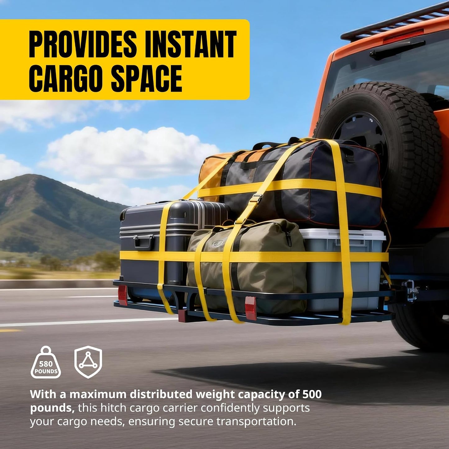 Heavy-Duty Hitch Cargo Carrier – 53" x 19.5" Steel Trailer-Mount Cargo Basket with High Side Rails, 500 lb Capacity for 2" Receivers, Black