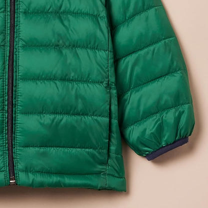 Boys’ Lightweight Packable Hooded Puffer – Water-Resistant (Green, Small)