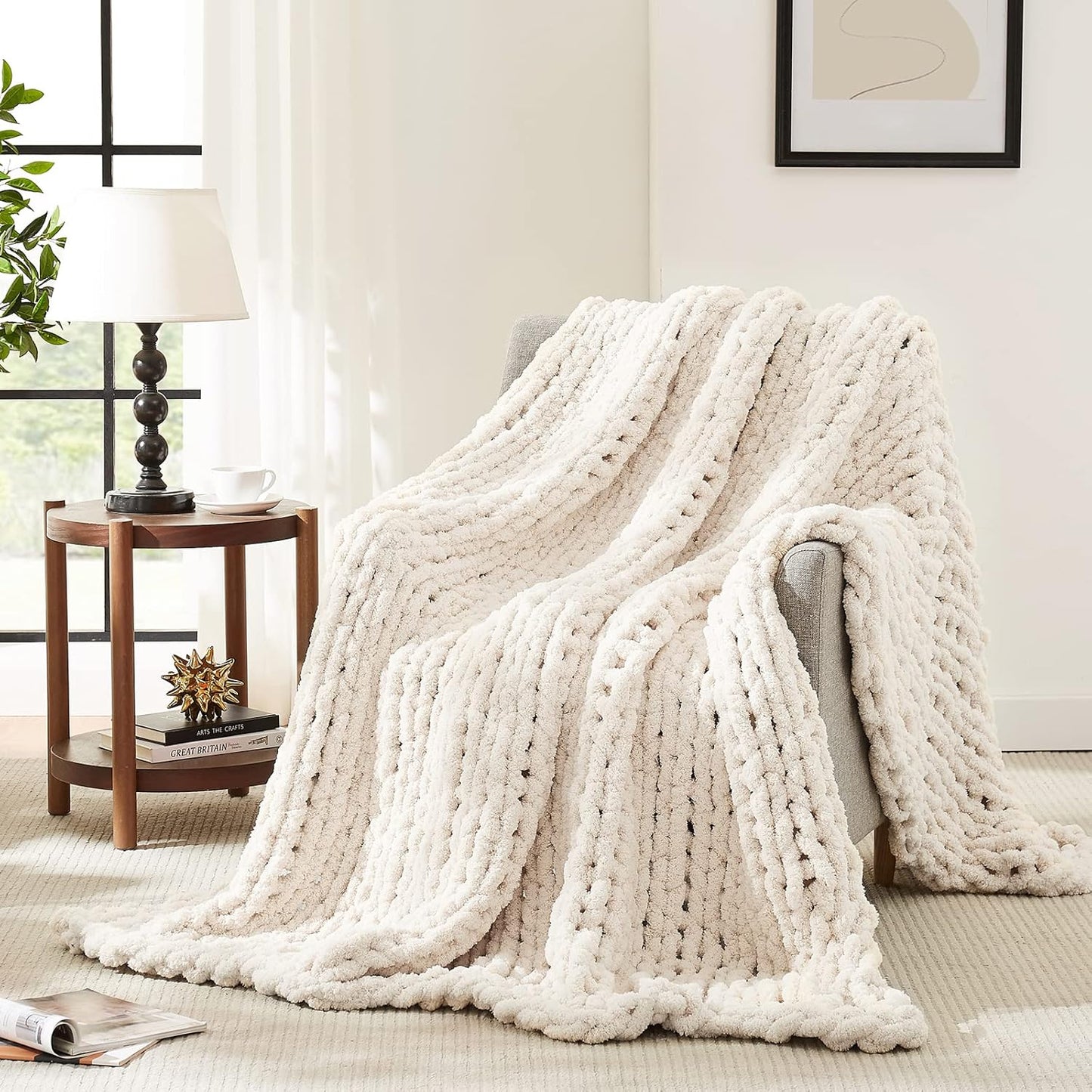 Chunky Knit Throw Blanket – Handmade Chenille Cable Knit (50x60")