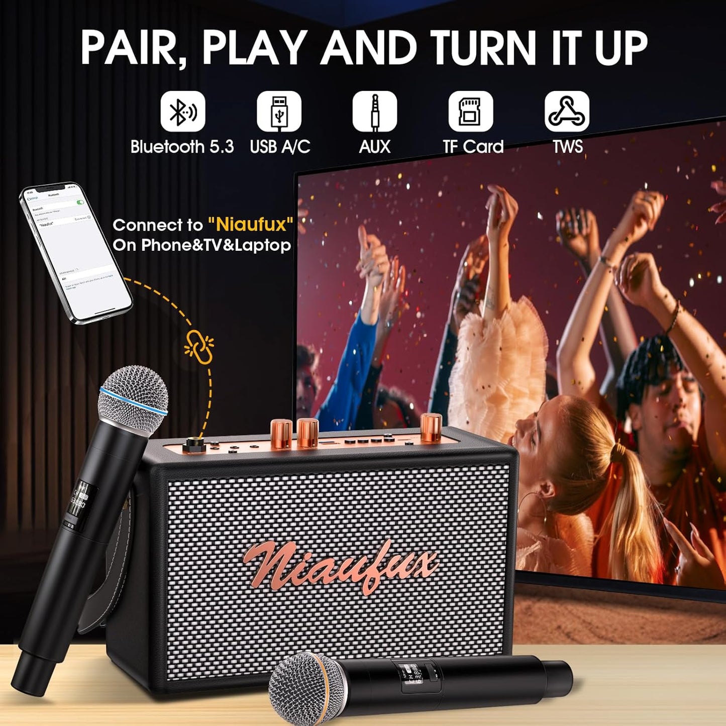 Karaoke Machine – Retro Speaker with 2 Wireless Mics, Portable Bluetooth Home Party System