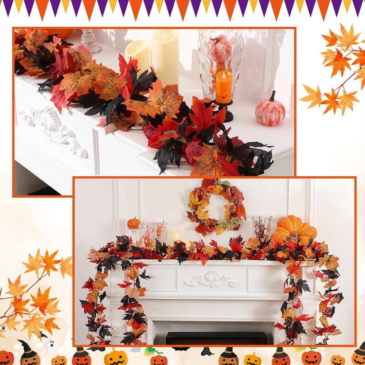 12-Pack Fall Leaf Garland – 5.7 FT Black & Red Autumn Hanging Vines for Thanksgiving & Harvest Décor