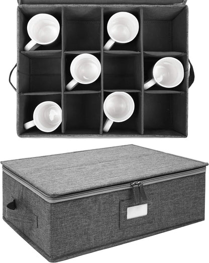 2-Pack Cup and Mug Storage Box, 12 Coffee Mugs and Tea Cups with Lid and Handles