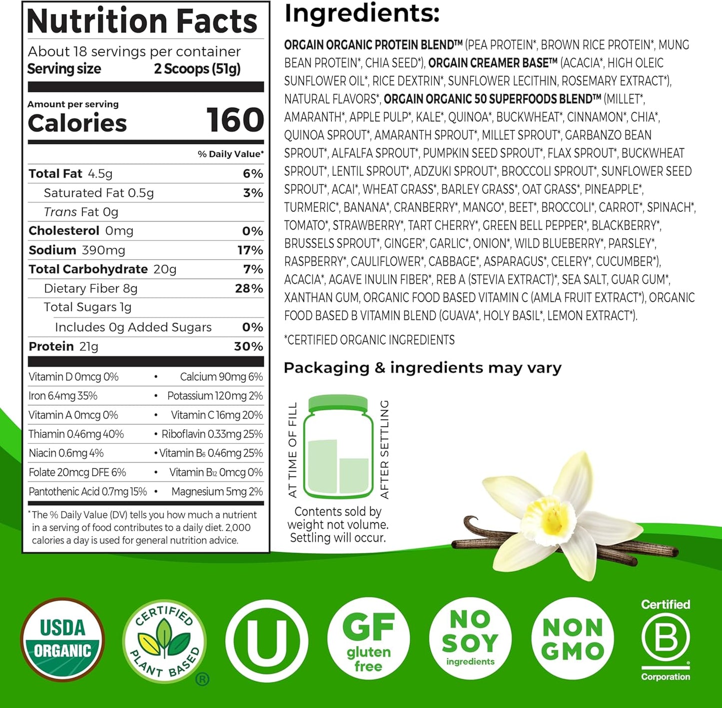 Orgain Organic Vegan Protein + 50 Superfoods Powder – Vanilla Bean, 21g Plant Protein – 2.02 lb