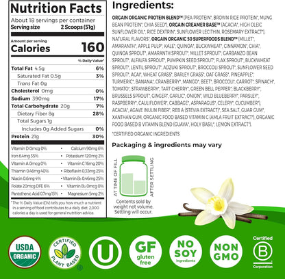Orgain Organic Vegan Protein + 50 Superfoods Powder – Vanilla Bean, 21g Plant Protein – 2.02 lb