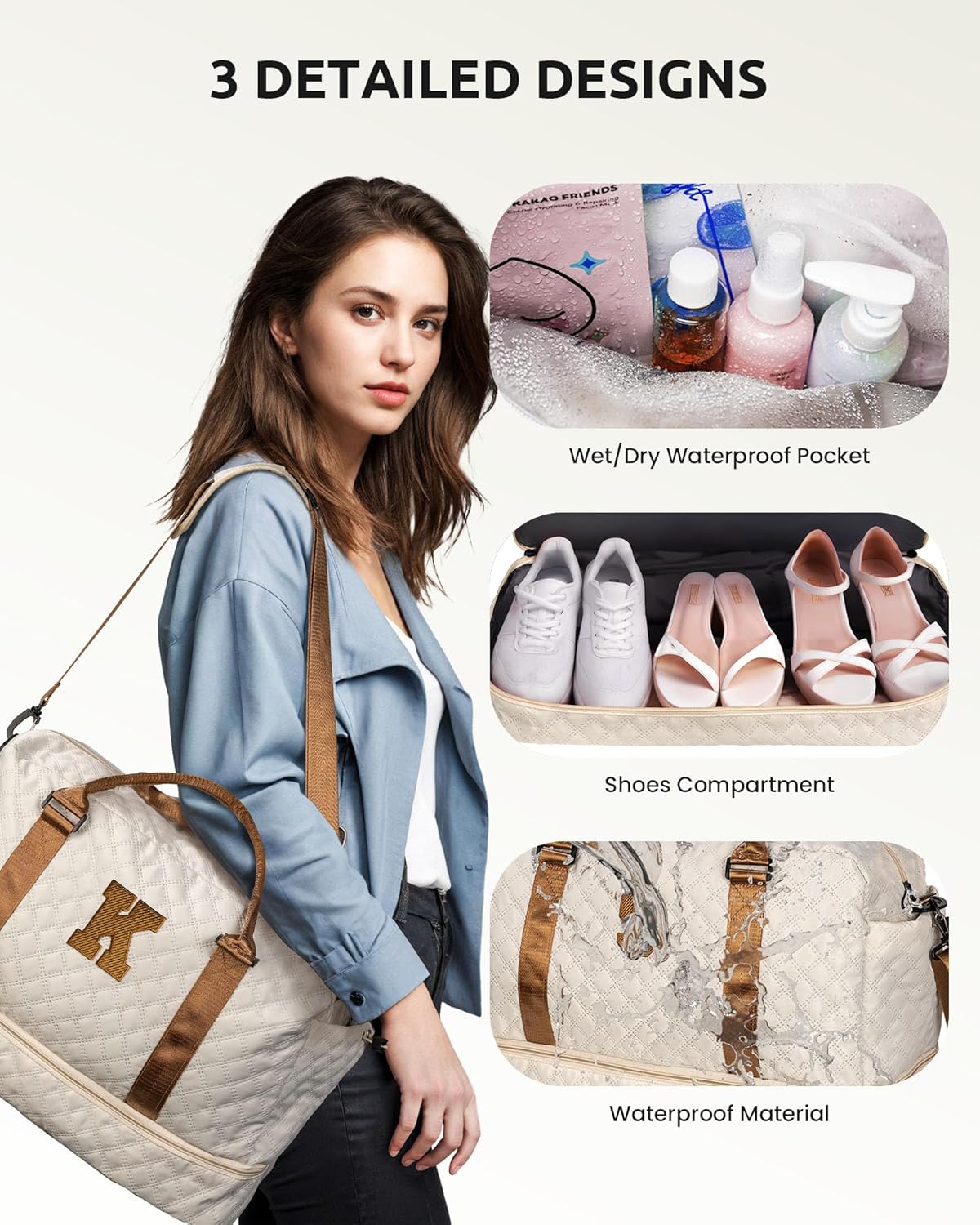 Initial Duffle Bag (Letter K) – Personalized Weekender with Shoe Compartment, Wet Pocket & Makeup Bag, Beige