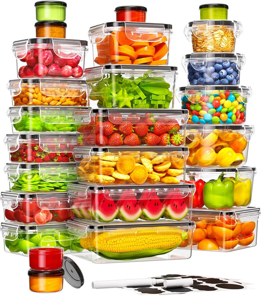Plastic Food Storage Containers with Lids, BPA-Free, Complete with Labels and Pen