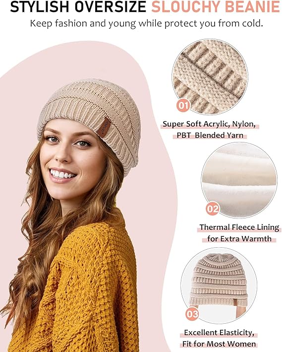 Women’s Winter Beanie, Scarf & Gloves Set – Slouchy Knit Hat, Ear Warmer & Touchscreen Gloves (4-Piece Set)